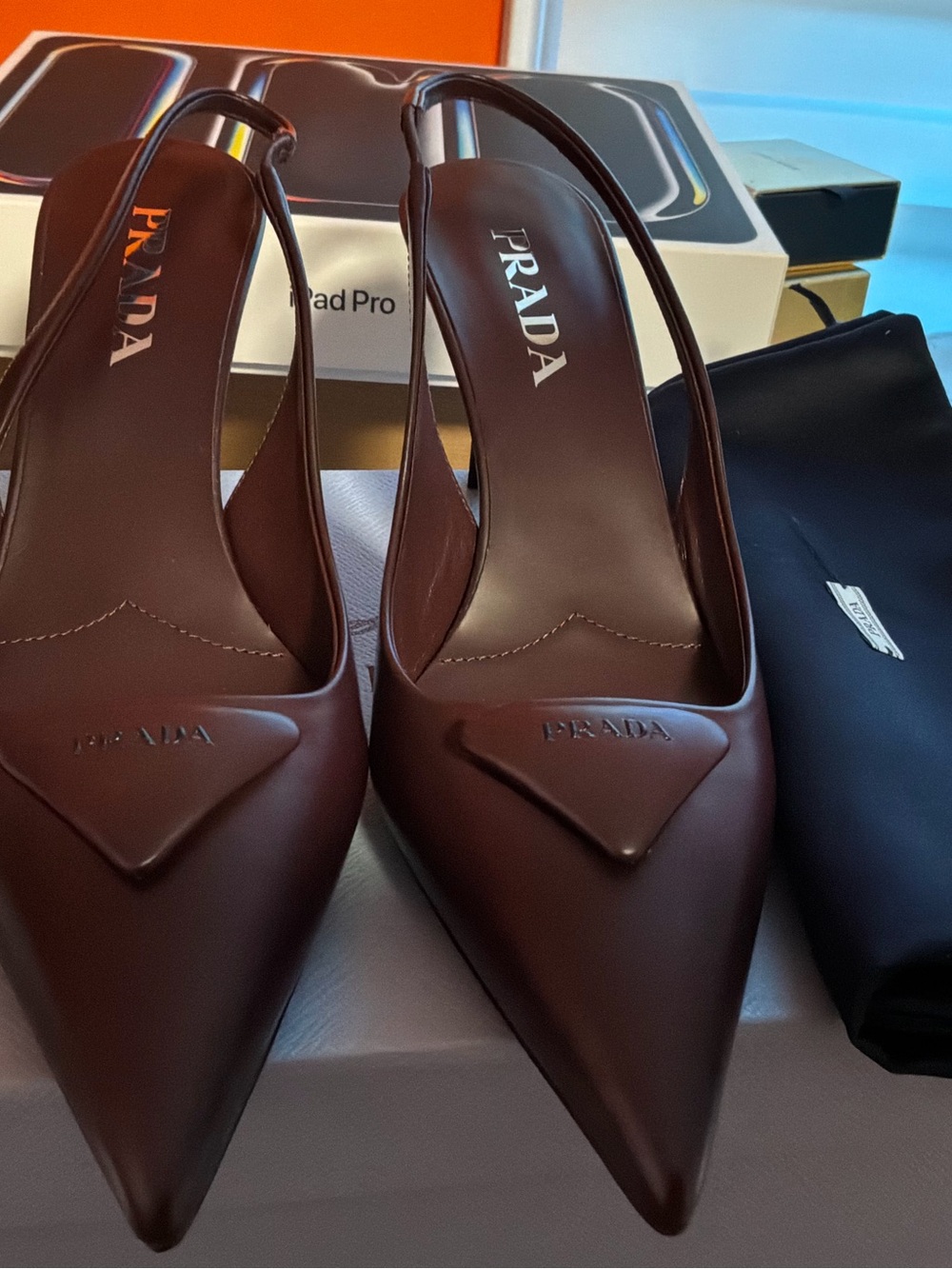 Prada Brown Pointed Leather Slingback Pumps